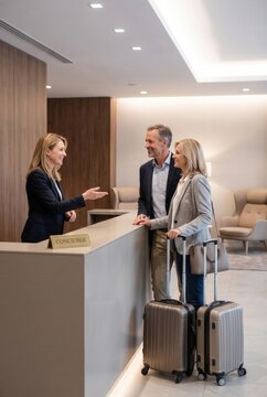 Hotel concierge assists couple with check-in at reception desk, modern interior design featuring comfortable seating and warm lighting in the background