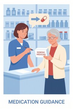 Female pharmacist providing medication guidance to elderly woman holding a box labeled generic medicine in a pharmacy with shelves of medicine in the background
