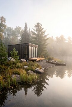 Modern cabin with large glass windows situated by a tranquil lake surrounded by trees and rocks, mist rising from the water in a serene natural setting
