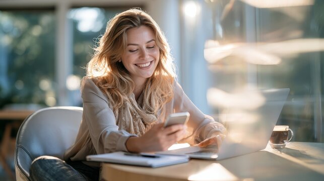 Young woman with long blonde hair sitting at a desk using smartphone and laptop, bright indoor setting with natural light and greenery visible through windows