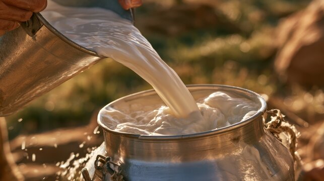 Person pouring fresh milk from a metal container into a large pot outdoors, with blurred natural landscape and rocks in the background