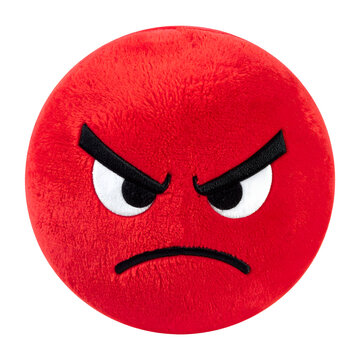 Angry emoji plush representing negative emotion with round red fuzzy texture and furrowed eyebrows for social media communication design&nbsp;