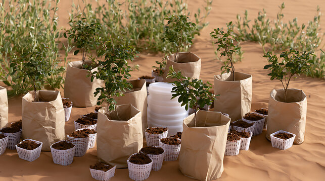 Desert afforestation project featuring young Ghaf tree saplings Prosopis cineraria planted in paper bags and plastic containers in sand