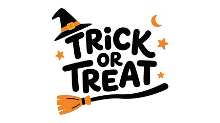 Naklejka premium Decorative trick or treat text design featuring a witch hat and broomstick isolated on a plain white background for halloween