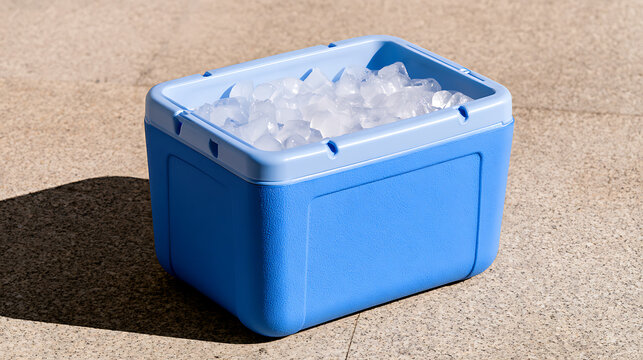 A bright blue plastic portable cooler box filled with clear ice cubes resting on a textured outdoor ground surface under sunlight