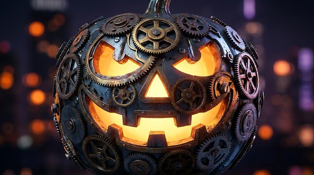 A detailed steampunk style pumpkin with metallic gears and glowing orange eyes set against a dark blurred city background