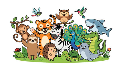Naklejka premium Large group of cute cartoon wild animals smiling together