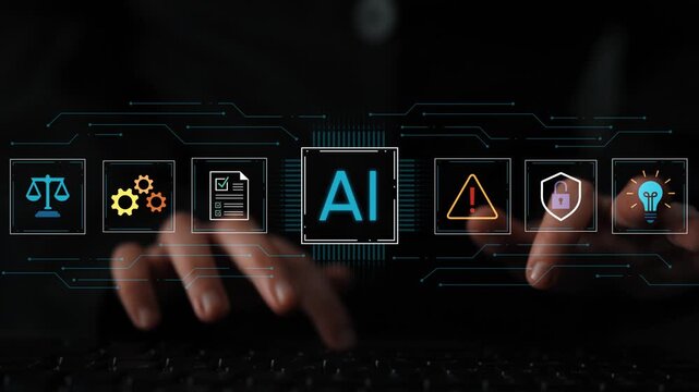 Conceptual representation of artificial intelligence technology and its applications with icons showing justice, security, innovation, and assessment in a digital environment. Entropy.