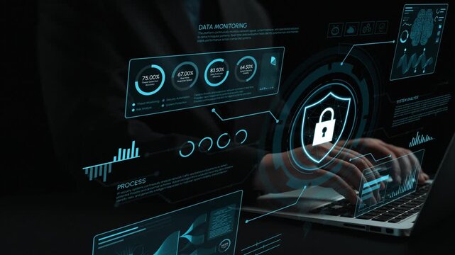 Engaging visual representation of data monitoring and security, showcasing hands on laptop while highlighting analytics and protection in a modern tech setting. Entropy.