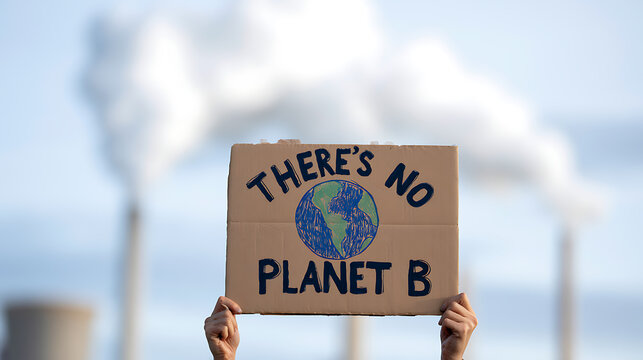 Climate change protest sign with earth illustration held in hands against industrial smoke background with factory chimneys emitting pollution