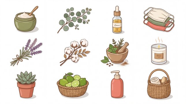 Flat Vector Organic Face Cream and Botanical Collection Clipart Asset Sheet Isolated on White Background