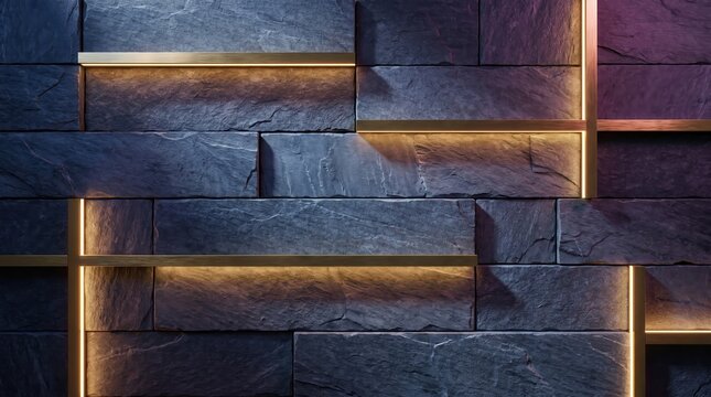 Modern Dark Stone Wall with Integrated LED Lighting and Luxury Architectural Texture