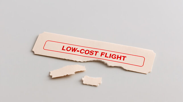 Low cost flight ticket torn in half on a grey background symbolizing budget travel cancelation, cheap airfare savings and vacation planning