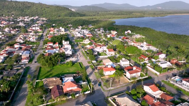 Florian&oacute;polis, Daniela Beach. Aerial View of Tropical Coastline. Establishing Shot. Santa Catarina, Brazil.