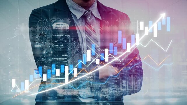 A confident business professional stands with arms crossed, depicted against a backdrop of dynamic graphs and data, symbolizing financial growth and market analysis. Copula