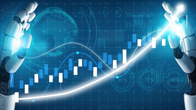 A futuristic robotic hand interacts with a rising financial graph, embodying the fusion of technology and investment analytics in a digital landscape. Copula