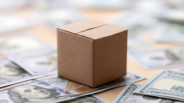 A small cardboard box sits centered on top of scattered hundred dollar bills representing profit, revenue, and e-commerce business success