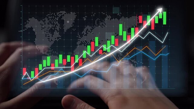 A close-up view of hands interacting with digital graphs illustrating stock market trends and financial data, showcasing growth through vibrant candlestick displays. Copula