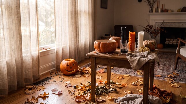 Cozy living room decorated with Halloween pumpkins and autumn leaves