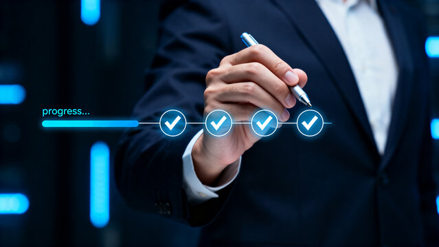 progress tracking workflow checklist with task completion steps and digital interface using stylus on business dashboard for productivity improvement time management and efficient process optimization