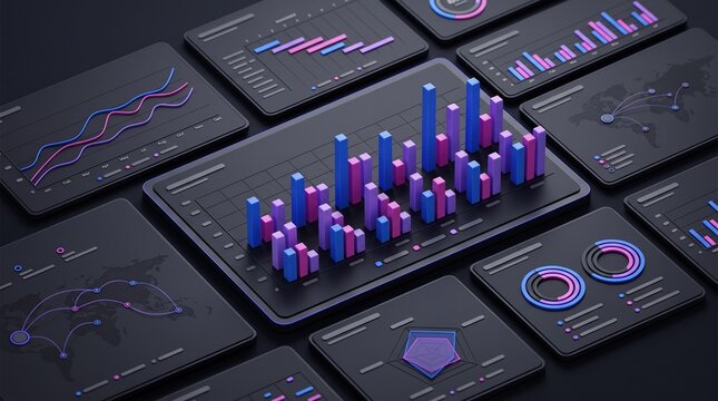 Dark mode data visualization dashboard ui showing 3d business analytics charts and financial graphs for modern software interface design