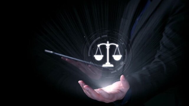 Futuristic digital law interface displaying justice scale, highlighting digital law, AI compliance, digital law systems, and digital law regulations for secure governance. Elide