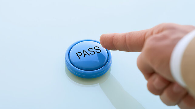 Business person hand push round blue button with pass text on office desk white surface for corporate success test and quality control work