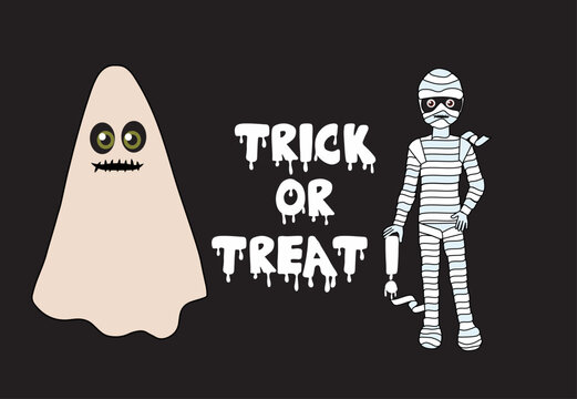 Trick-or-treating with a ghost and a mummy to celebrate Halloween. Black background.