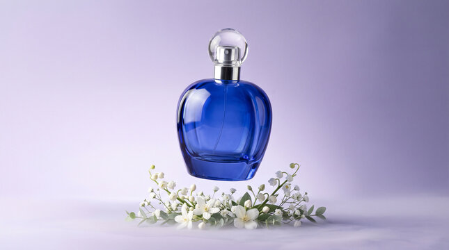 blue perfume bottle floating above white flowers on purple background mockup