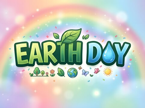 Colorful earth day typography with rainbow background and nature themed elements