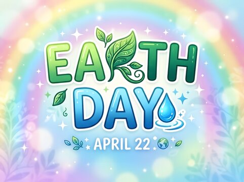 Colorful earth day illustration with leaves water and a vibrant rainbow background