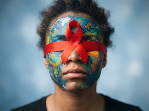 Portrait of a young man with colorful paint and a red ribbon for aids awareness