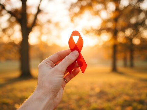 Hand holding a red ribbon symbolizing awareness and support for hiv and aids