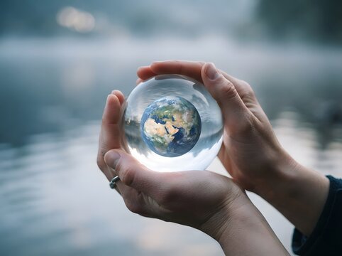 Hands holding a crystal ball with a blurred landscape inside