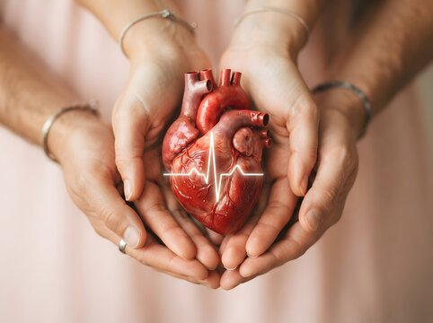 Hands gently cradling a realistic human heart symbolizing care and medical concepts