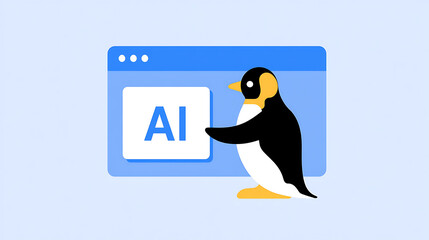 Obraz premium A cute penguin, Aptenodytes forsteri, interacts with a software window displaying artificial intelligence text in a flat vector design style