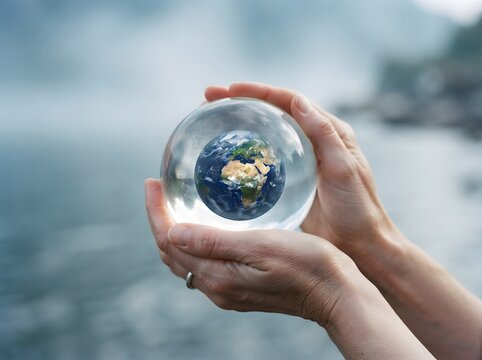 Hands holding a crystal ball with a view of earth inside against a blurred background