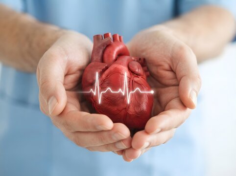 Hands cradling a human heart with an electrocardiogram line overlayed on it
