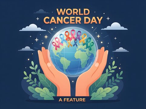 World cancer day concept with hands holding earth and diverse people illustration