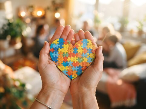 Hands holding a colorful puzzle piece representing autism awareness and acceptance