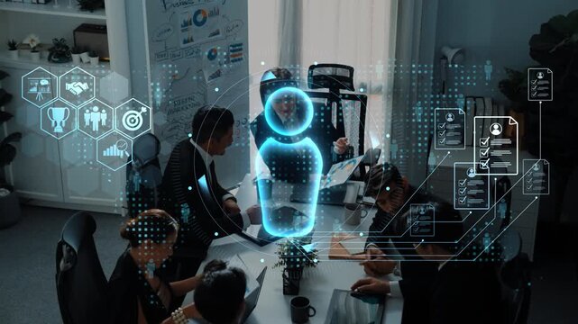 This image showcases a modern business meeting with a virtual data overlay, emphasizing collaboration and digital transformation in a professional setting. Raster