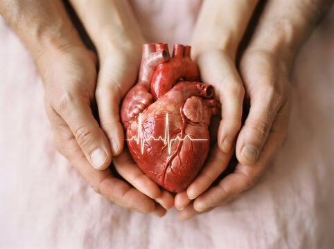 Human heart held gently in cupped hands symbolizing care and anatomical study