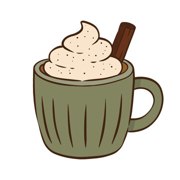 Hot Chocolate Flat Vector Illustration Isolated on White Background. Topped with whipped cream and cinnamon, perfect for autumn, winter, cafe, and dessert designs.
