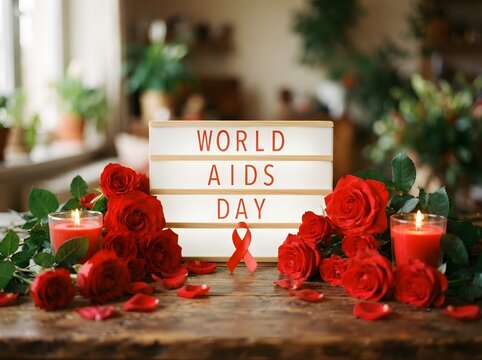 World aids day awareness message with red roses and lit candles in a home setting