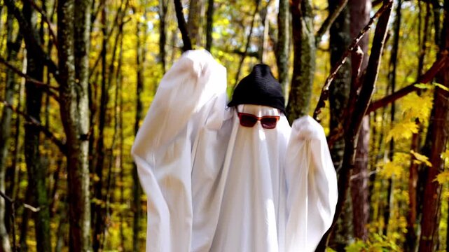 Playful ghost costume made from white bedsheet stands in autumn forest, wearing glasses and cap. The humorous character creates festive seasonal atmosphere inspired by Halloween traditions and autumn
