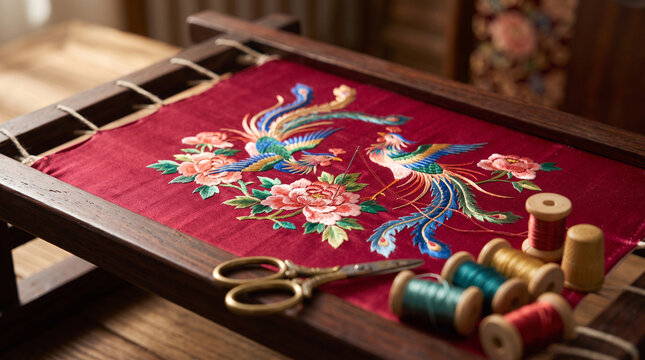 traditional chinese silk embroidery with phoenix and peony on wooden frame with spools of thread