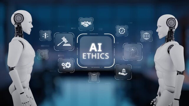 Two humanoid robots interact in a modern environment, surrounded by icons illustrating various aspects of AI ethics, representing the future of technology and moral considerations. Synapse