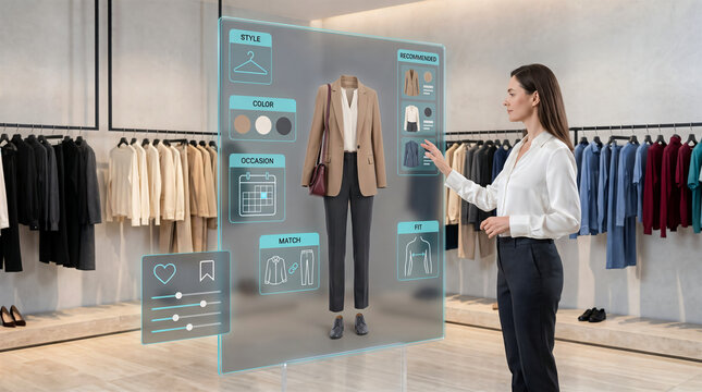 Augmented reality virtual fitting room concept showing female shopper using smart mirror interface for modern retail fashion technology