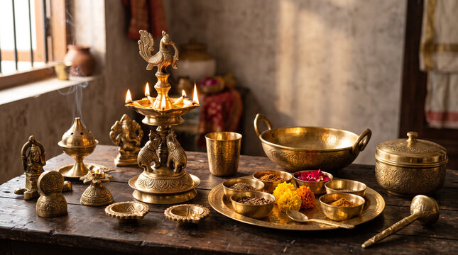 traditional indian brassware collection with lit diya lamp spices and marigold flowers on wooden table