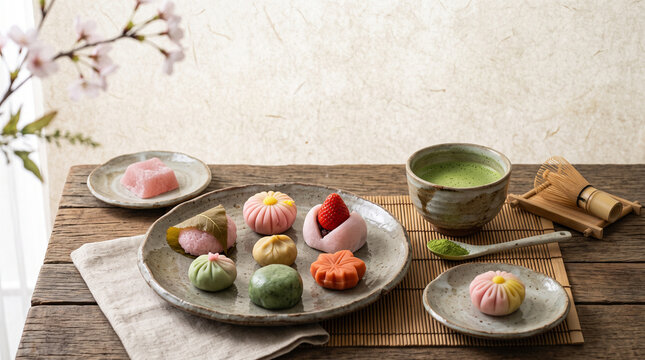 traditional japanese sweets wagashi and matcha tea on rustic wooden table